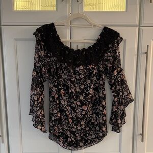 WHBM Floral Off-Shoulder Ruffle Blouse in Black with Pink Flowers